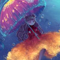 Character illustration in a underwater setting surrounded by purple jellyfish